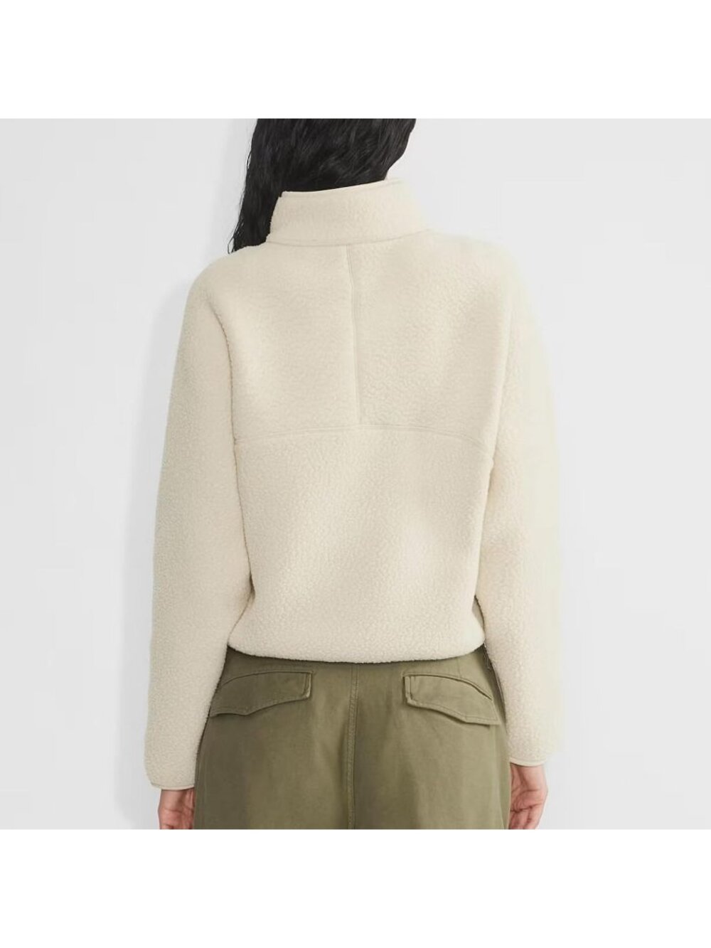 Women Beige 100% Polyester Mock-neck Fuzzy Sherpa Fleece Quarter Zip Sweatshirt - Picture 3 of 6